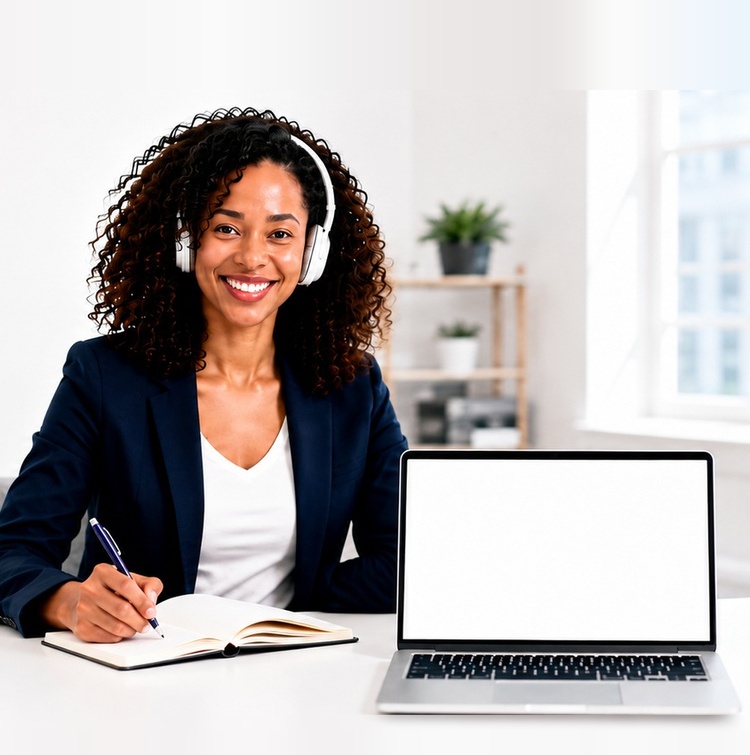 Professional transcriptionist reviewing audio beside a laptop