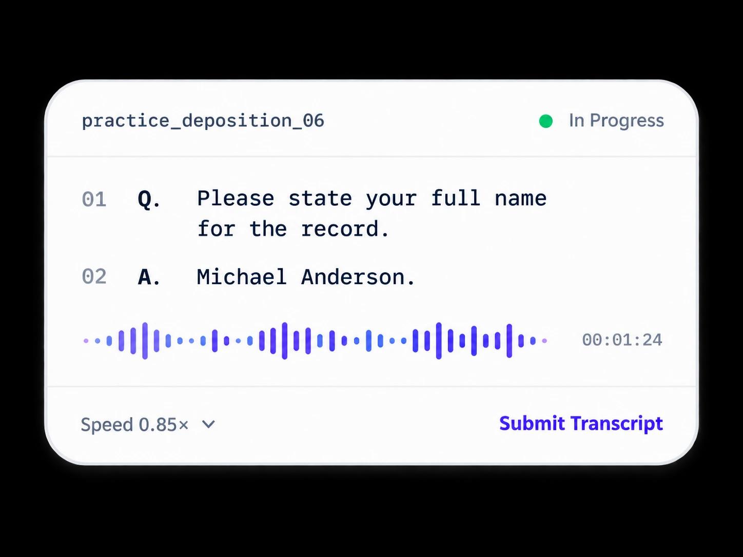 Transcript practice interface with editable transcript lines