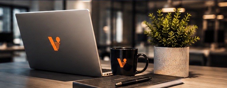 Professional transcription workspace with laptop, notebook, and coffee