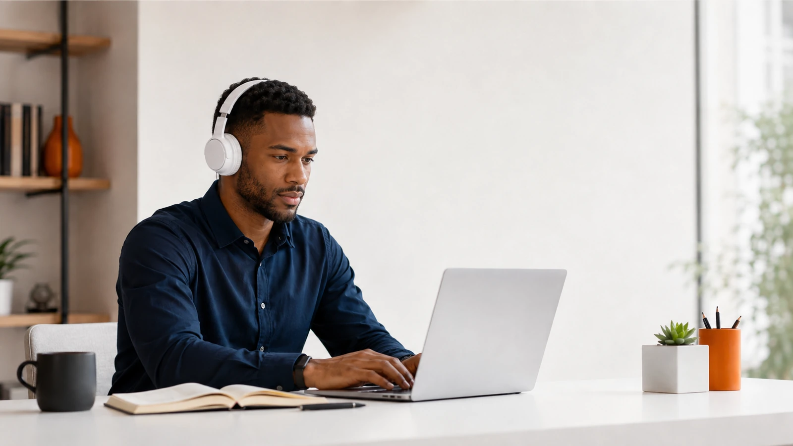 Professional transcriber wearing headphones while working at a laptop